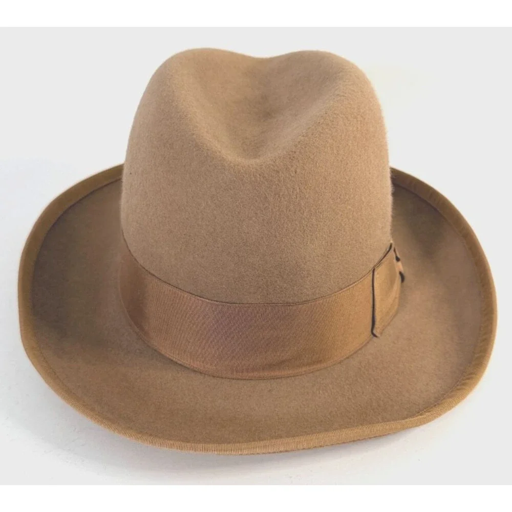 Vintage Shin Jin NY Camel Fedora 100% Wool Felt Hat w/Feather Size M USA Made